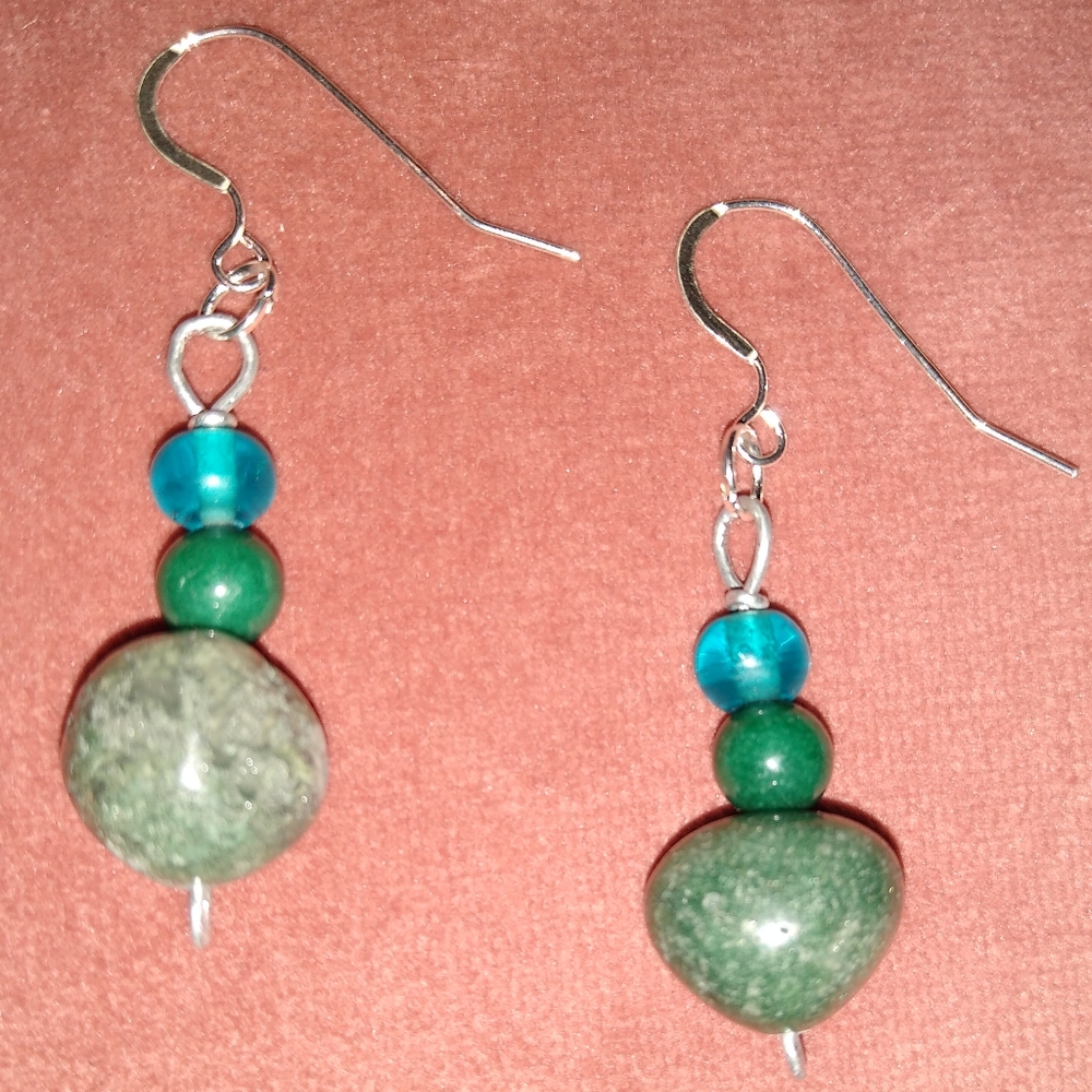 925 Solid Sterling Silver Ear Wires Moss Agate Green Gemstone Handmade Earrings